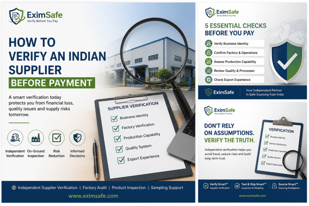 How to verify an Indian supplier before payment through independent supplier verification, factory audit and production capability assessment by EximSafe India.
