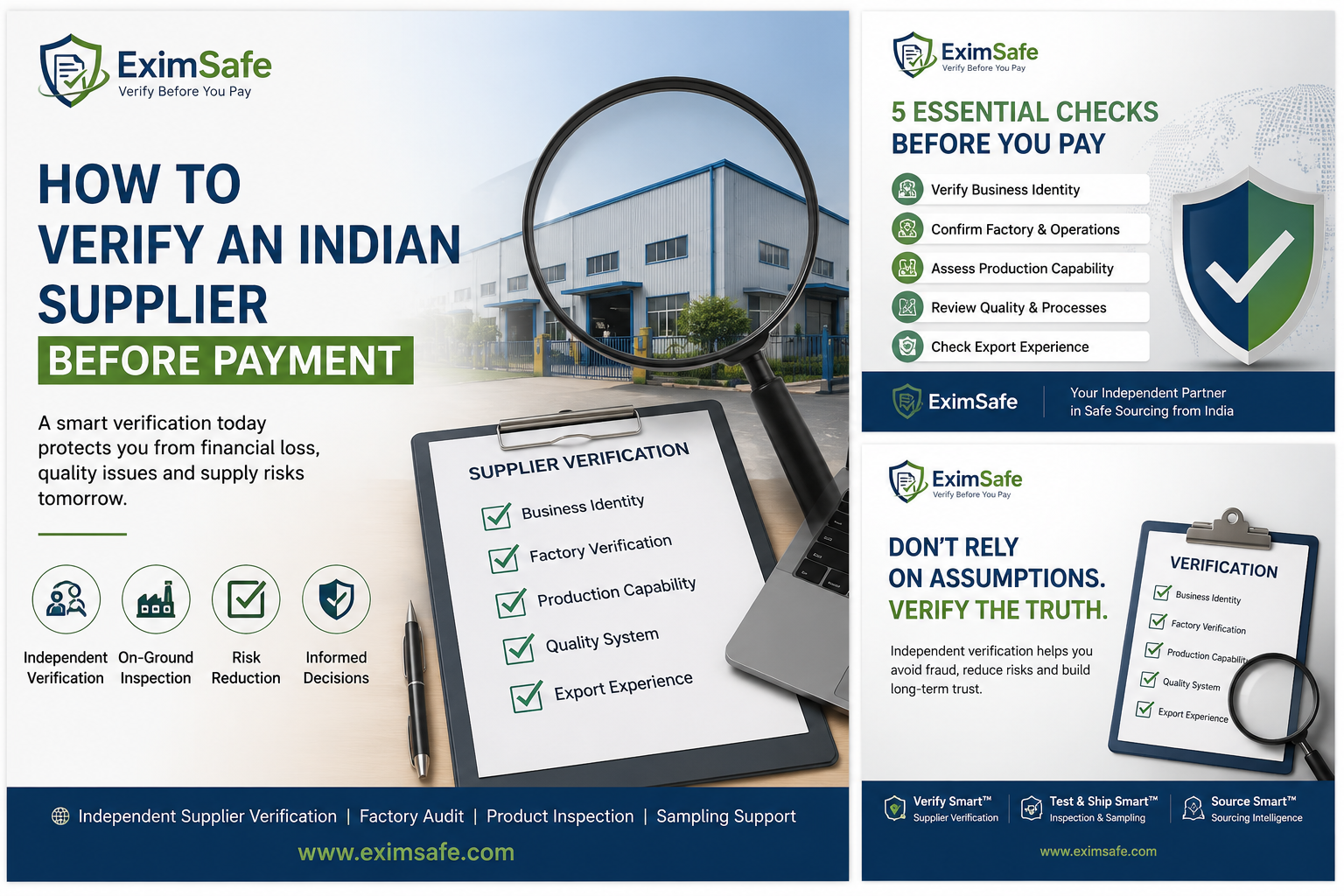 How to verify an Indian supplier before payment through independent supplier verification, factory audit and production capability assessment by EximSafe India.